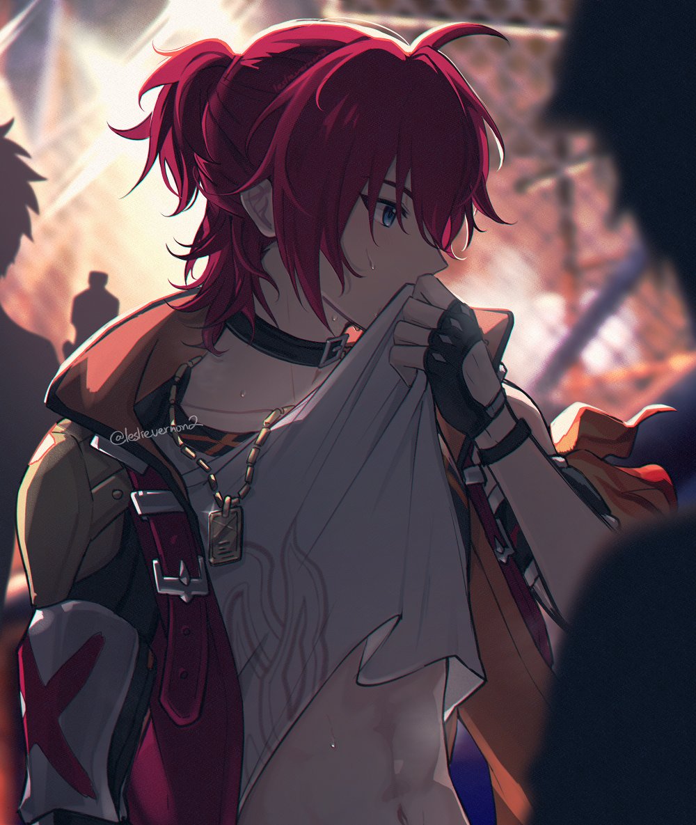 1boy, ahoge, belt, black_gloves, blue_eyes, clothes_lift, covered_mouth, fingerless_gloves