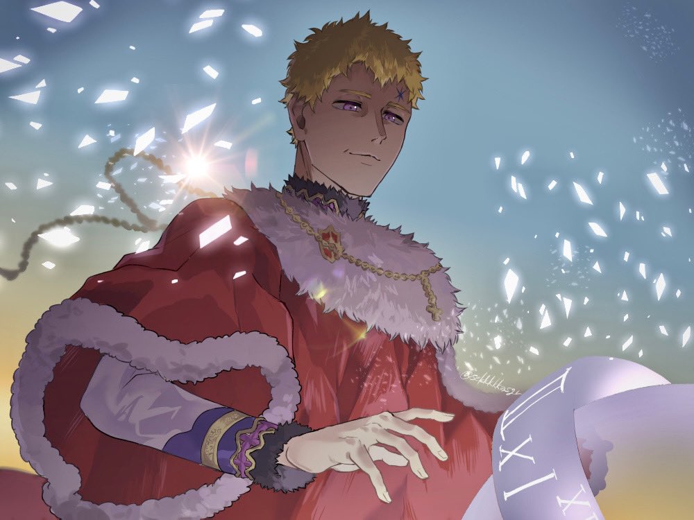1boy, black_clover, blonde_hair, closed_mouth, facial_mark, forehead_mark, fur-trimmed_robe, fur-trimmed_sleeves, fur_trim, julius_novachrono, light_smile, long_sleeves, magic, robe, roman_numeral, royal_robe, sekkkkkasgr, short_hair, solo, tassel, twitter_username, violet_eyes