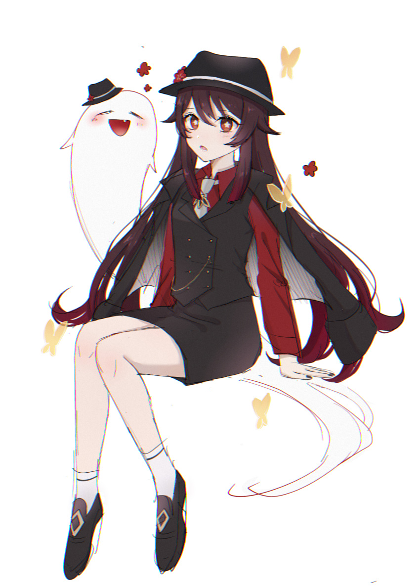 1girl, alternate_costume, black_footwear, black_headwear, black_nails, black_skirt, black_vest, bright_pupils