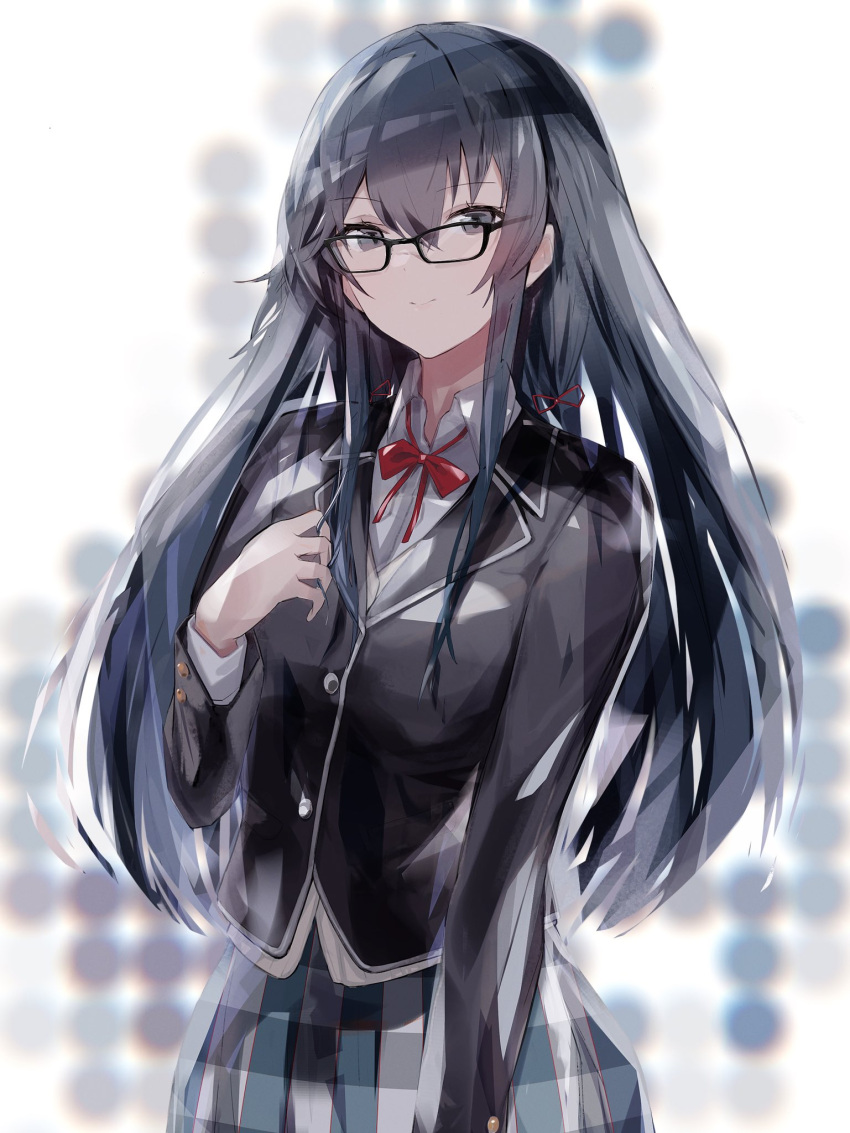 1girl, bad_id, bad_twitter_id, black-framed_eyewear, black_eyes, black_hair, black_jacket, blazer