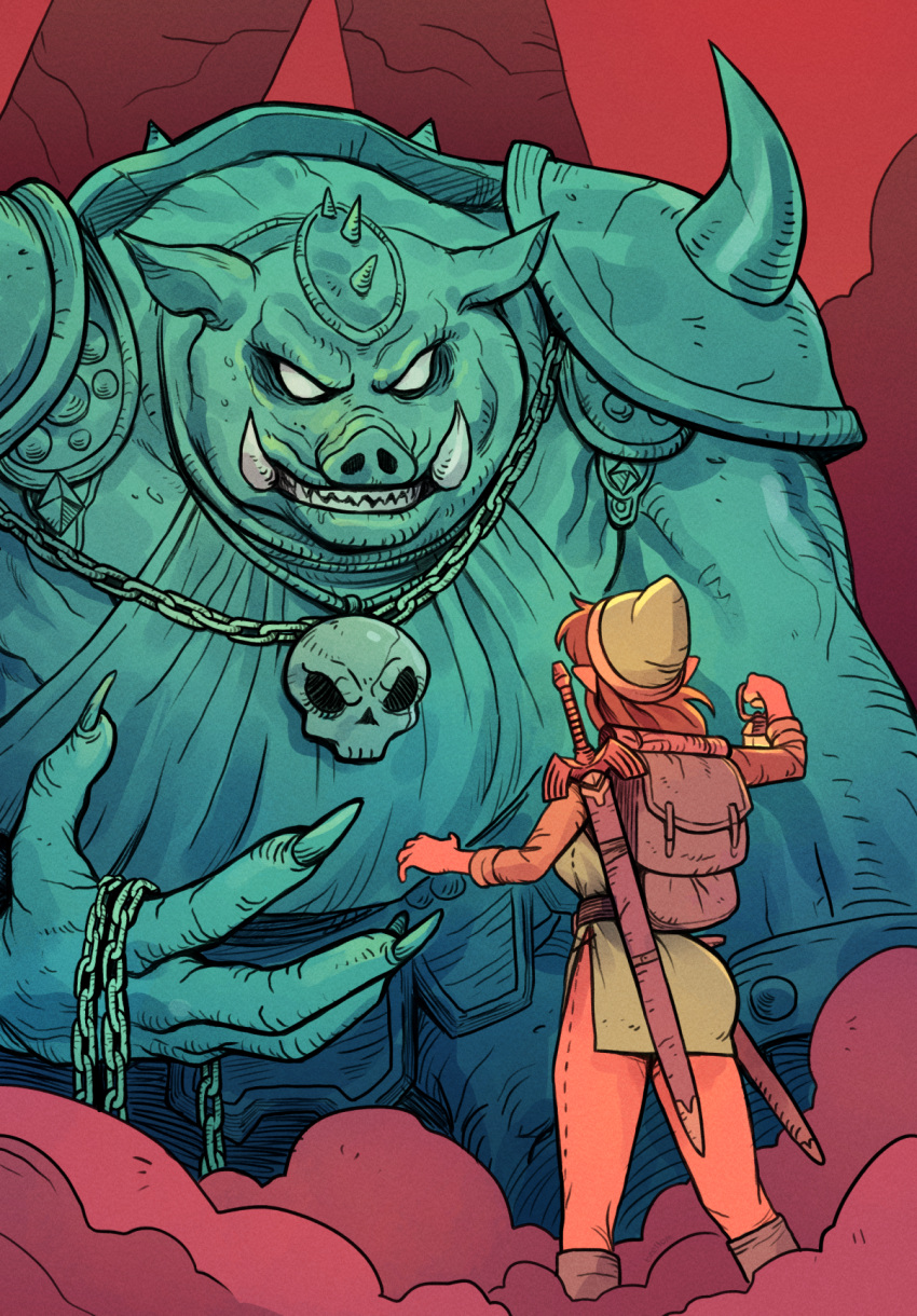 1boy, 1girl, brellom, brown_hair, commentary_request, ganon, ganondorf, genderswap