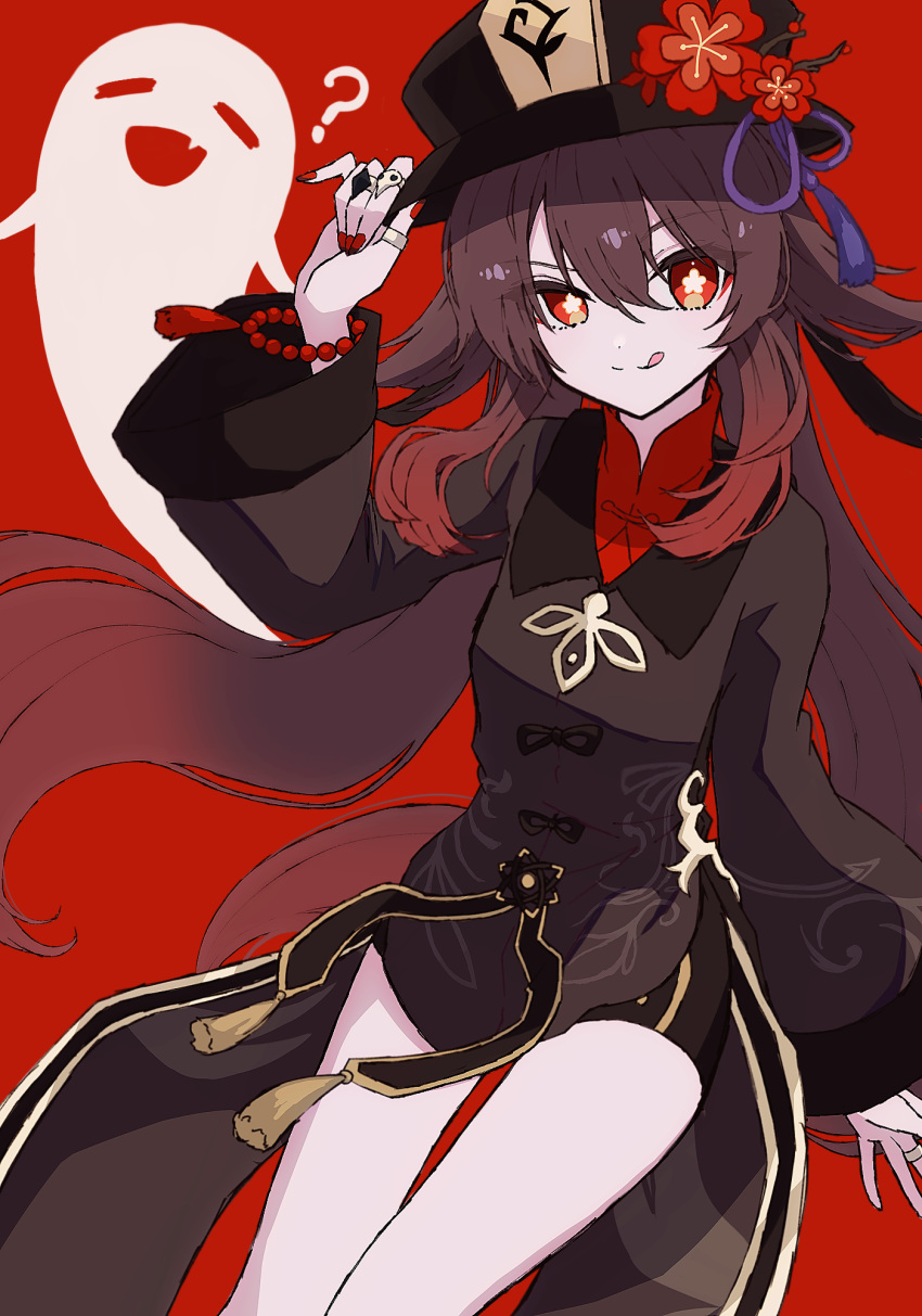 1girl, :p, ?, adjusting_clothes, adjusting_headwear, azami_miko, bead_bracelet, beads, black_coat, black_headwear, black_shorts, boo_tao_(genshin_impact), bracelet, brown_hair, closed_mouth, coat, coattails, feet_out_of_frame, flower, flower-shaped_pupils, genshin_impact, ghost, hair_between_eyes, hat, hat_flower, hat_tassel, highres, hu_tao_(genshin_impact), jewelry, long_hair, long_sleeves, looking_at_viewer, mandarin_collar, orange_eyes, red_background, red_nails, shorts, simple_background, solo, symbol-shaped_pupils, tongue, tongue_out, twintails