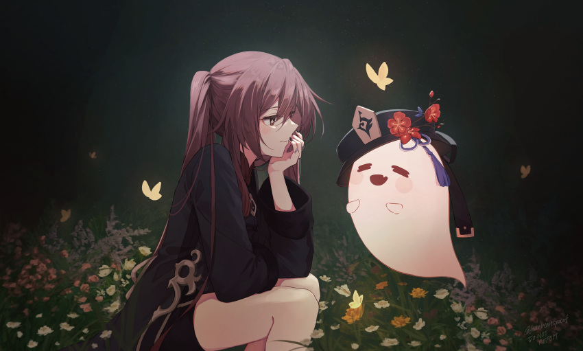 1girl, absurdres, black_nails, black_shorts, boo_tao_(genshin_impact), brown_hair, brown_shirt, bug