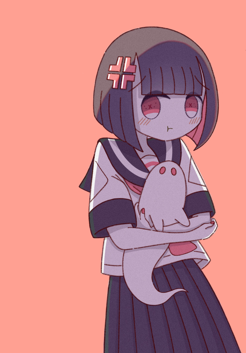 1girl, :t, anger_vein, backlighting, black_skirt, blunt_bangs, blush, brown_hair