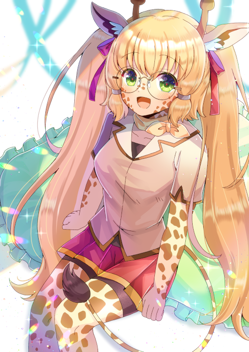 1girl, :d, animal_ear_fluff, animal_ears, bike_shorts, black_shirt, black_shorts, blonde_hair