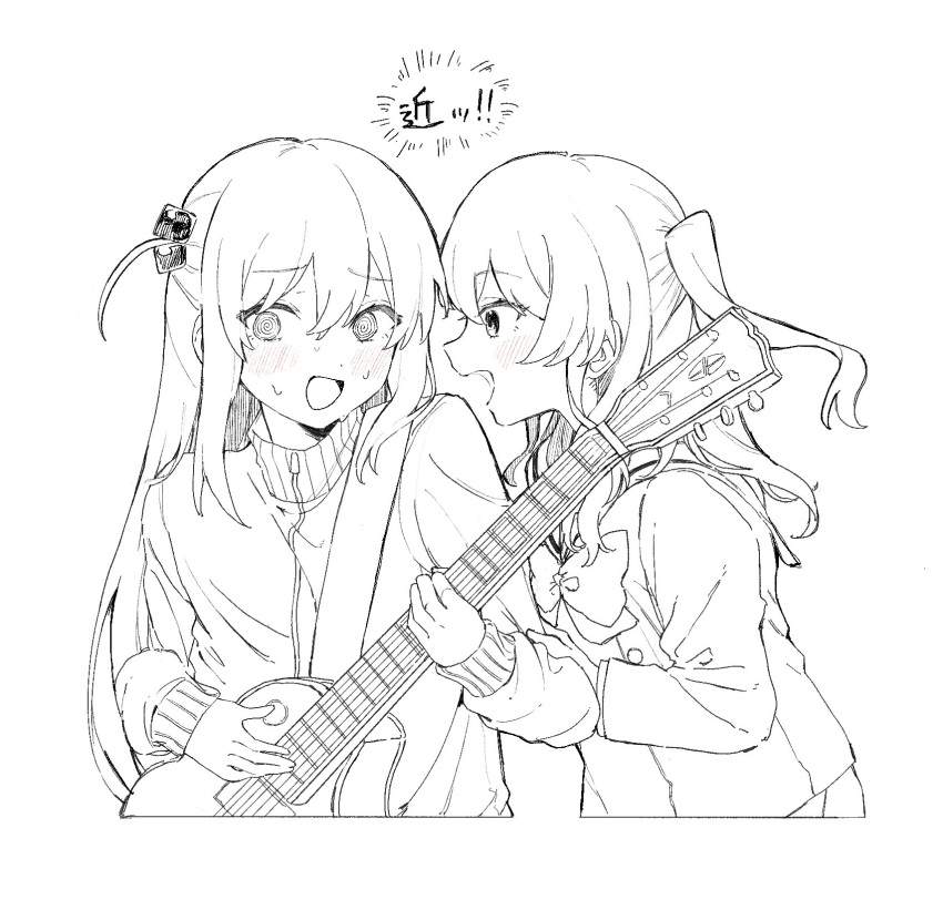2girls, @_@, blush, bocchi_the_rock!, cube_hair_ornament, electric_guitar, flustered, from_side