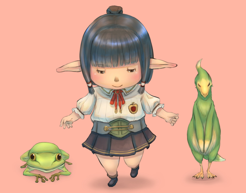 1girl, avatar_(ff11), bird, blue_footwear, blue_hair, blunt_bangs, brown_eyes, cactus41747280