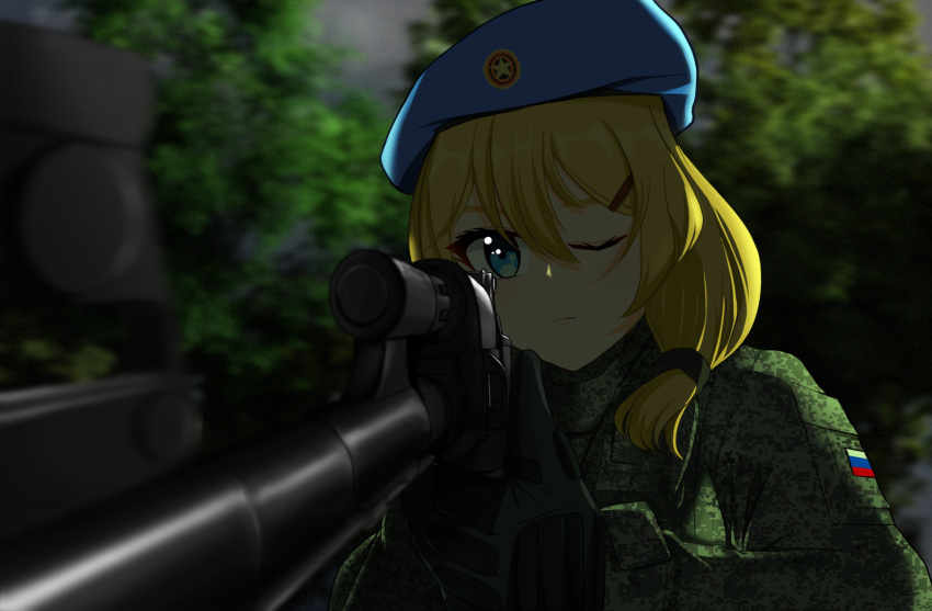 aiming, ak-74m, assault_rifle, black_hairband, blonde_hair, blue_beret, blue_eyes, camouflage