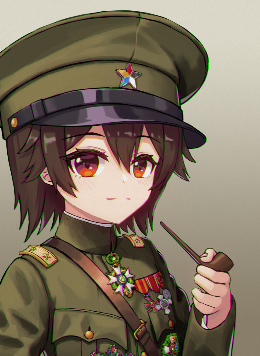 beiyang_army, brown_hair, china, epaulettes, genderswap, genderswap_(mtf), hat, hearts_of_iron, high_collar, highres, huihuang_rongyao, kaiserreich, medal, military_uniform, peaked_cap, red_eyes, strap, uniform, world_war_ii, zhang_xueliang