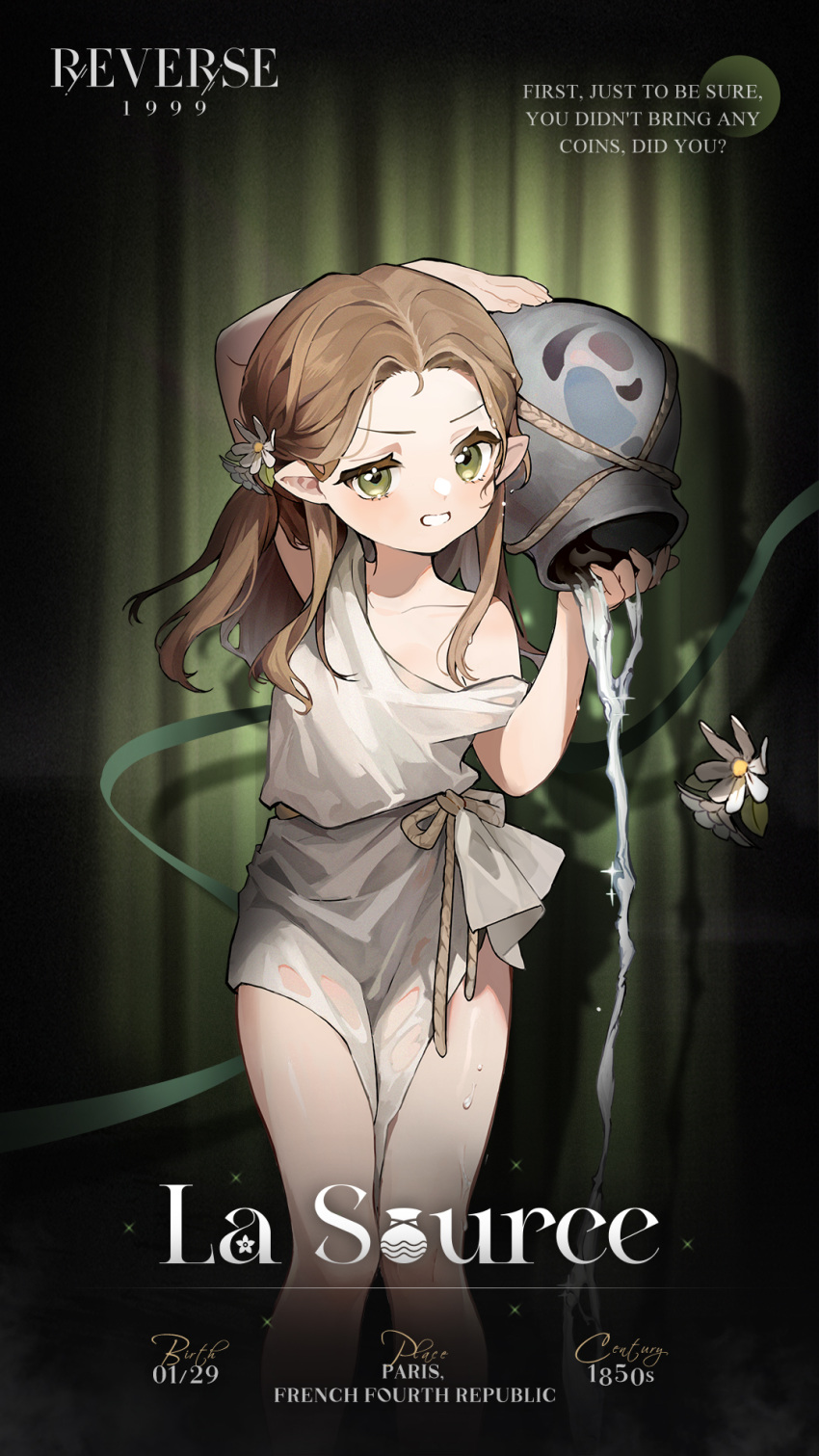 1girl, arm_behind_head, arm_up, bare_legs, bare_shoulders, brown_hair, character_name, child, collarbone, copyright_name, daisy, elf, english_text, feet_out_of_frame, fine_art_parody, flower, forehead, green_background, green_curtains, green_eyes, grin, half-closed_eye, hands_up, highres, holding, knees_together_feet_apart, la_source_(reverse:1999), logo, long_hair, looking_at_viewer, off_shoulder, official_art, parody, parted_bangs, pointy_ears, pouring, reverse:1999, rope_belt, single_off_shoulder, smile, solo, sparkle, spotlight, storage_pot, the_source, tunic, v-shaped_eyebrows, water, wet, wet_clothes, white_flower, white_tunic