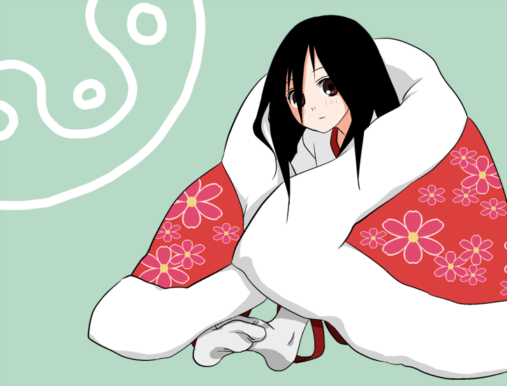 black_hair, blanket, brown_eyes, ekra, feet, floral_print, flower, gym_uniform