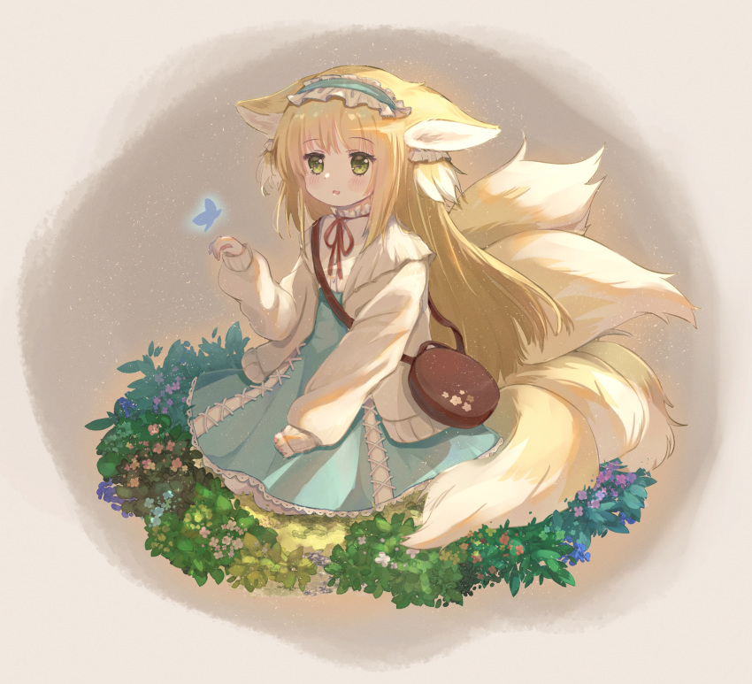 1girl, animal_ear_fluff, animal_ears, arknights, bag, blonde_hair, blue_butterfly, blue_hairband, blue_skirt, blush, brown_bag, bug, butterfly, cardigan, commentary, cross-laced_clothes, cross-laced_skirt, cross-laced_slit, fox_ears, fox_girl, fox_tail, frilled_hairband, frills, full_body, green_eyes, hair_ornament, hair_scrunchie, hairband, handbag, high-waist_skirt, highres, kitsune, kyuubi, long_hair, long_sleeves, multiple_tails, neck_ribbon, official_alternate_costume, open_cardigan, open_clothes, open_mouth, puffy_long_sleeves, puffy_sleeves, red_ribbon, ribbon, round_bag, scrunchie, seiza, shirt, shoulder_bag, sitting, skirt, solo, suzuran_(arknights), suzuran_(spring_praise)_(arknights), tail, vita_(mitac), white_shirt, yellow_cardigan
