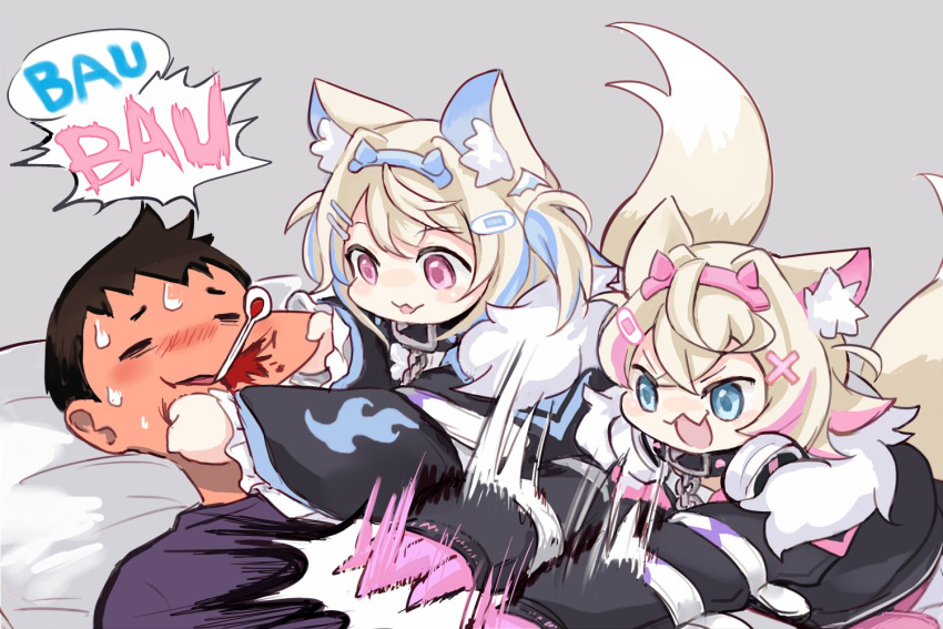 1boy, 2girls, :3, :d, animal_ear_fluff, animal_ears, black_jacket, blonde_hair