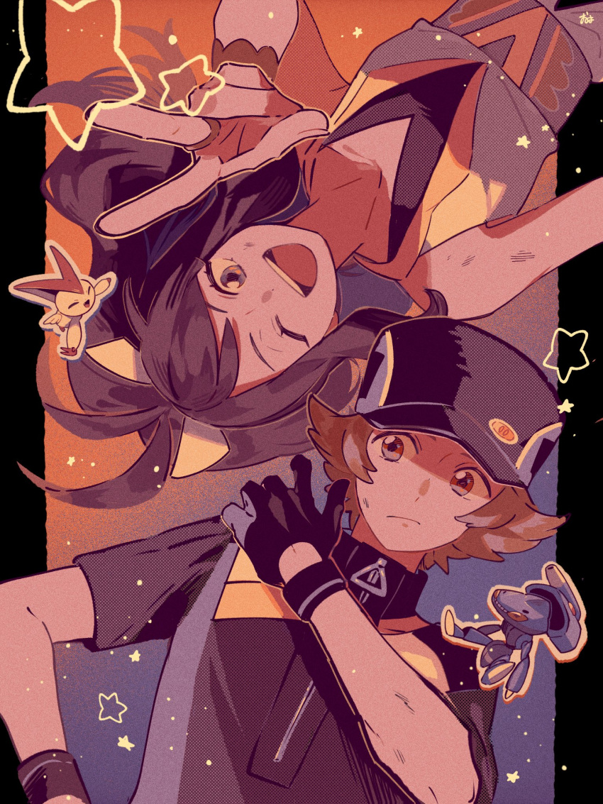 1boy, 1girl, ;d, antenna_hair, brown_eyes, brown_hair, closed_mouth, commentary_request