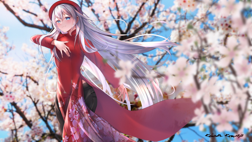 absurdres, aqua_eyes, black_pants, cherry_blossoms, commentary, dress, flower, hand_on_own_chest