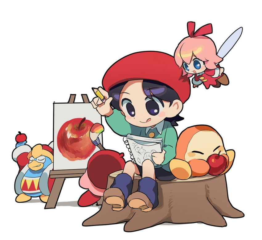 1boy, 2girls, adeleine, apple, arm_up, beret, black_eyes, black_hair