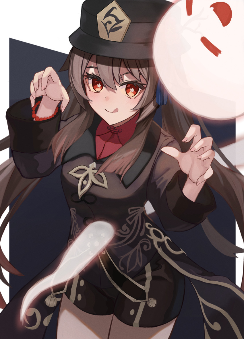 1girl, :p, bead_bracelet, beads, black_headwear, black_shorts, boo_tao_(genshin_impact), bracelet, brown_coat, brown_hair, closed_mouth, coat, coattails, cowboy_shot, flower-shaped_pupils, genshin_impact, ghost, highres, hu_tao_(genshin_impact), jewelry, long_hair, long_sleeves, looking_at_viewer, mandarin_collar, naoki0106, orange_eyes, shorts, simple_background, solo, symbol-shaped_pupils, tongue, tongue_out, twintails