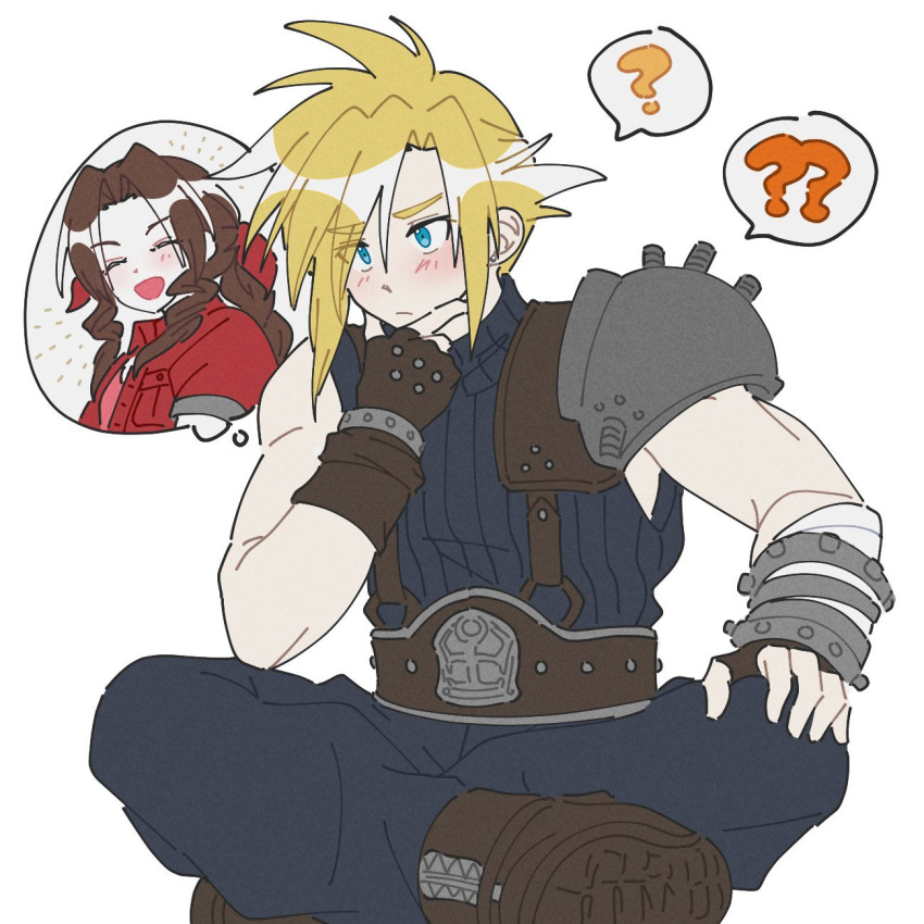 1boy, 1girl, ?, ??, aerith_gainsborough, armor, asymmetrical_arms, baggy_pants, bandaged_arm, bandages, belt, blonde_hair, blue_eyes, blush, boots, brown_footwear, brown_gloves, brown_hair, closed_eyes, cloud_strife, curly_hair, earrings, final_fantasy, final_fantasy_vii, fingerless_gloves, gloves, hair_ribbon, hand_on_own_face, highres, jacket, jewelry, leather_belt, long_hair, nt_26, open_clothes, open_jacket, open_mouth, pants, pauldrons, red_jacket, red_ribbon, ribbon, shoulder_armor, single_pauldron, sleeveless, sleeveless_turtleneck, smile, spiky_hair, stud_earrings, studded_belt, suspenders, thinking, thought_bubble, turtleneck
