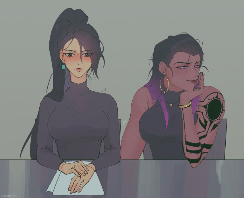 2girls, artist_name, black_hair, blush, closed_mouth, earrings, highres, hoop_earrings
