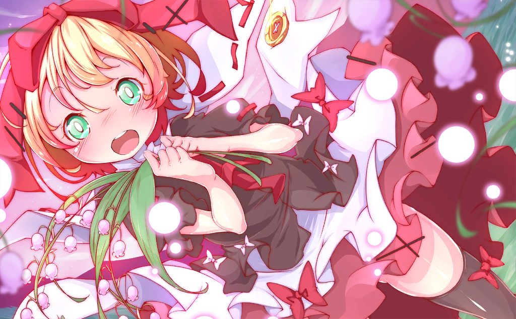 1girl, ascot, black_shirt, black_thighhighs, blonde_hair, blush, bow, bow_legwear