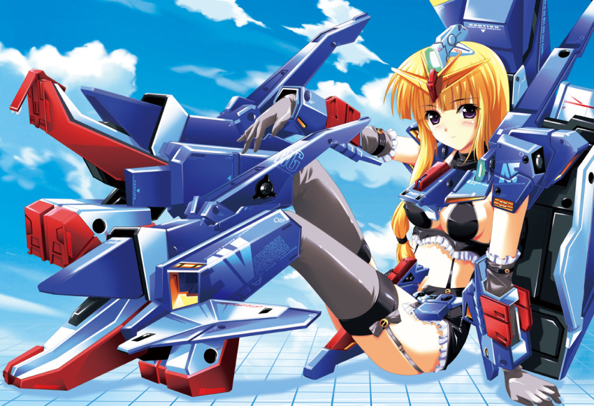 blonde_hair, blush, elbow_gloves, garter_belt, gloves, gundam, gundam_zz_side_story:_mirage_of_zeon, mecha_musume