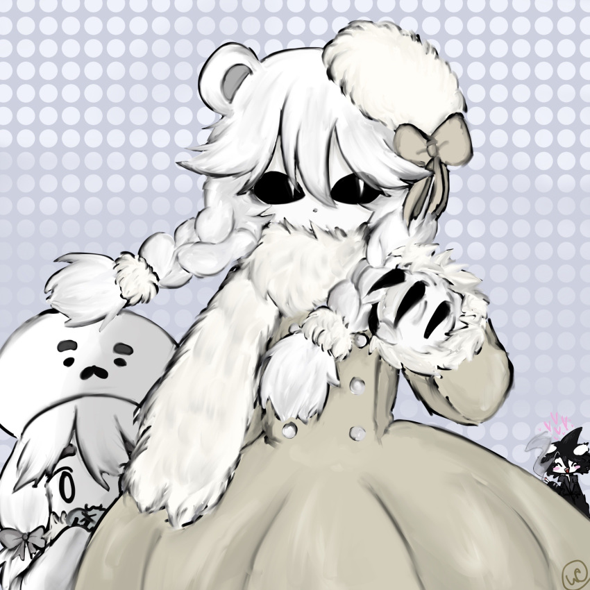 0_0, 1boy, 2girls, :3, ^_^, animal_ears, animal_hands, bear_ears, black_claws, black_hair, black_sclera, bow, braid, brown_bow, brown_coat, cigarette, claws, closed_eyes, coat, colored_sclera, commentary, english_commentary, fur_collar, fur_scarf, furry, furry_female, hair_between_eyes, hair_bow, hat, heart, highres, holding, holding_cigarette, ice_scream, idate_(ice_scream), long_hair, long_sleeves, looking_to_the_side, mafuyu_(ice_scream), multiple_girls, open_mouth, rocma_(ice_scream), scarf, seal_hat, short_hair, simple_background, slit_pupils, smile, smoke, tomoguro, twin_braids, white_fur, white_hair, white_scarf
