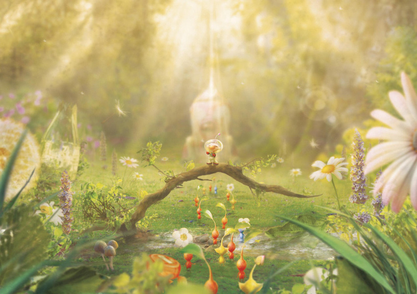1boy, alien, big_nose, blue_pikmin, blue_skin, branch, brown_hair, bud