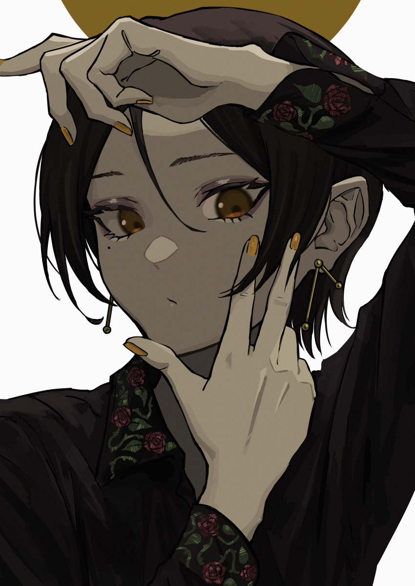 1girl, absurdres, arm_up, black_hair, black_shirt, brown_eyes, closed_mouth, collared_shirt, earrings, fingernails, floral_print, hair_between_eyes, hands_up, highres, jewelry, long_sleeves, looking_at_viewer, mujikuro, nail_polish, orange_nails, original, print_collar, shirt, short_hair, simple_background, solo, turning_head, upper_body, white_background