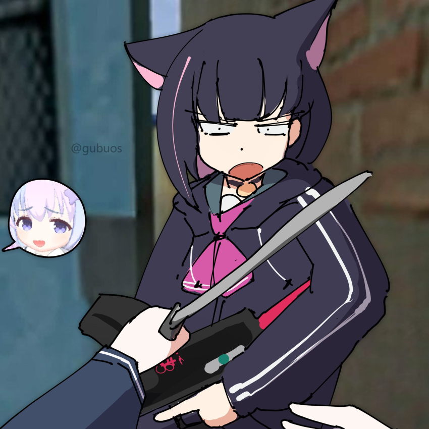 2girls, animal_ears, black_hair, blue_archive, blunt_bangs, cat_ears, choker, colored_inner_hair