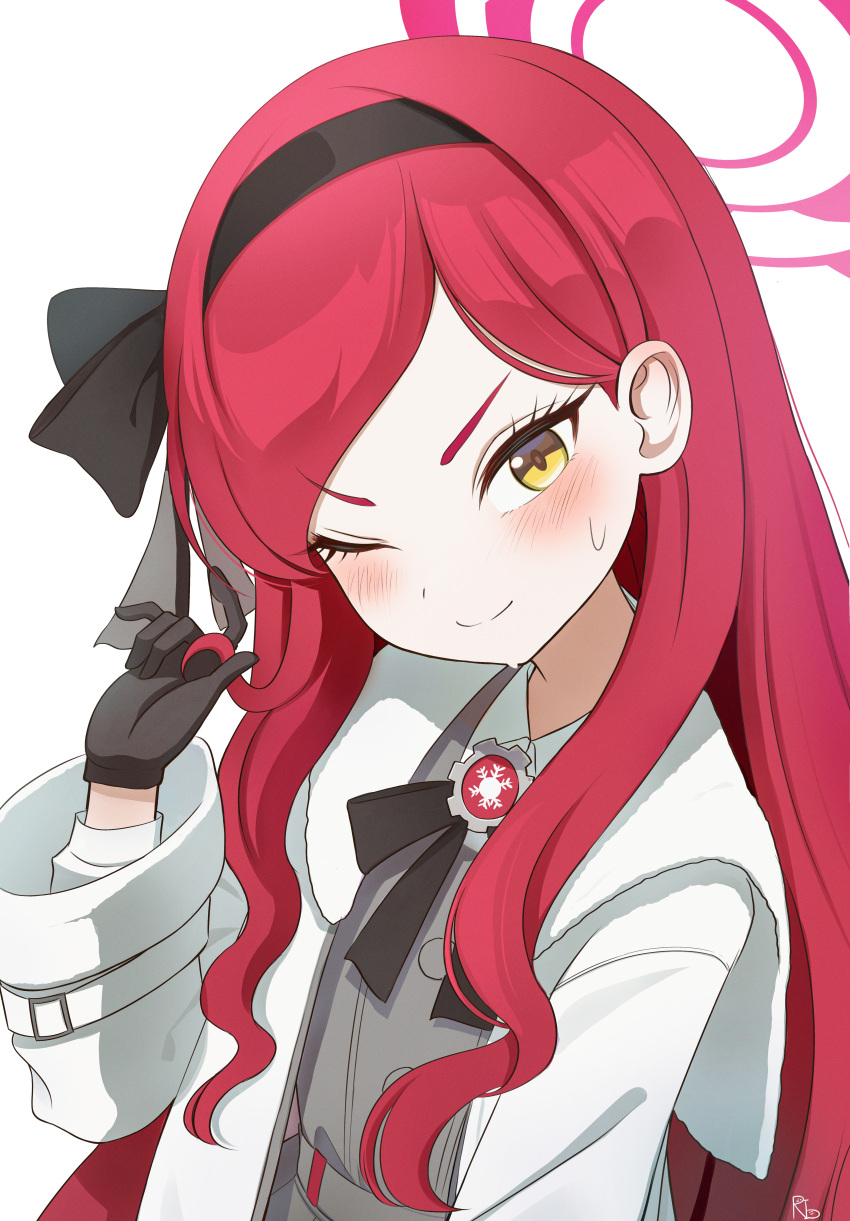 1girl, ;), absurdres, black_bow, black_bowtie, black_gloves, blue_archive, bow