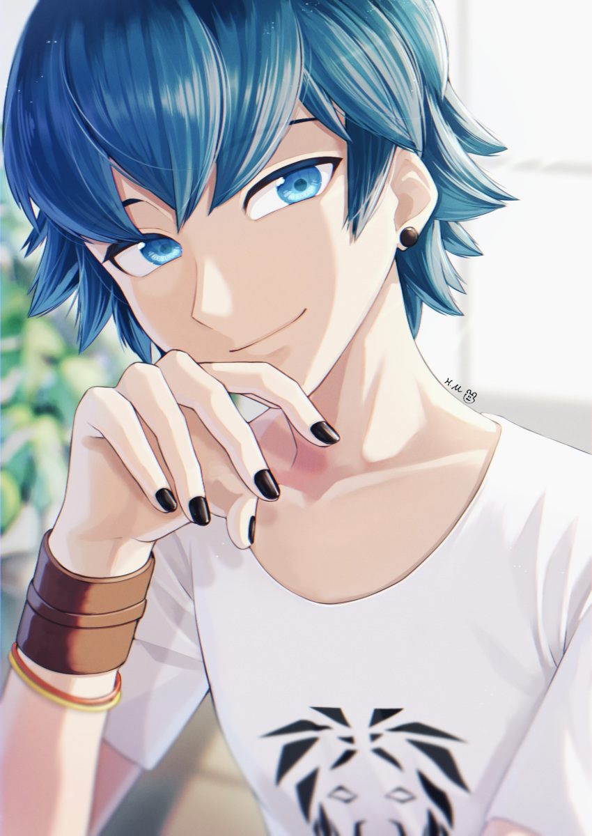 1boy, black_nails, blue_eyes, blue_hair, closed_mouth, earrings, hair_between_eyes, highres