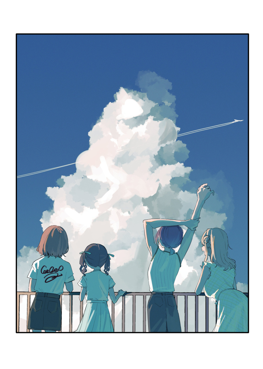 4girls, absurdres, arms_up, asakura_toru, black_hair, blue_sky, brown_hair, clouds, commentary_request, contrail, day, denim, denim_skirt, dress, from_behind, fukumaru_koito, guard_rail, hair_ribbon, highres, higuchi_madoka, ichikawa_hinana, idolmaster, idolmaster_shiny_colors, low_ponytail, multiple_girls, noctchill_(idolmaster), outdoors, pleated_skirt, ribbon, shirt, short_ponytail, skirt, sky, sleeveless, sleeveless_dress, sleeveless_shirt, sumibii, twintails, white_shirt