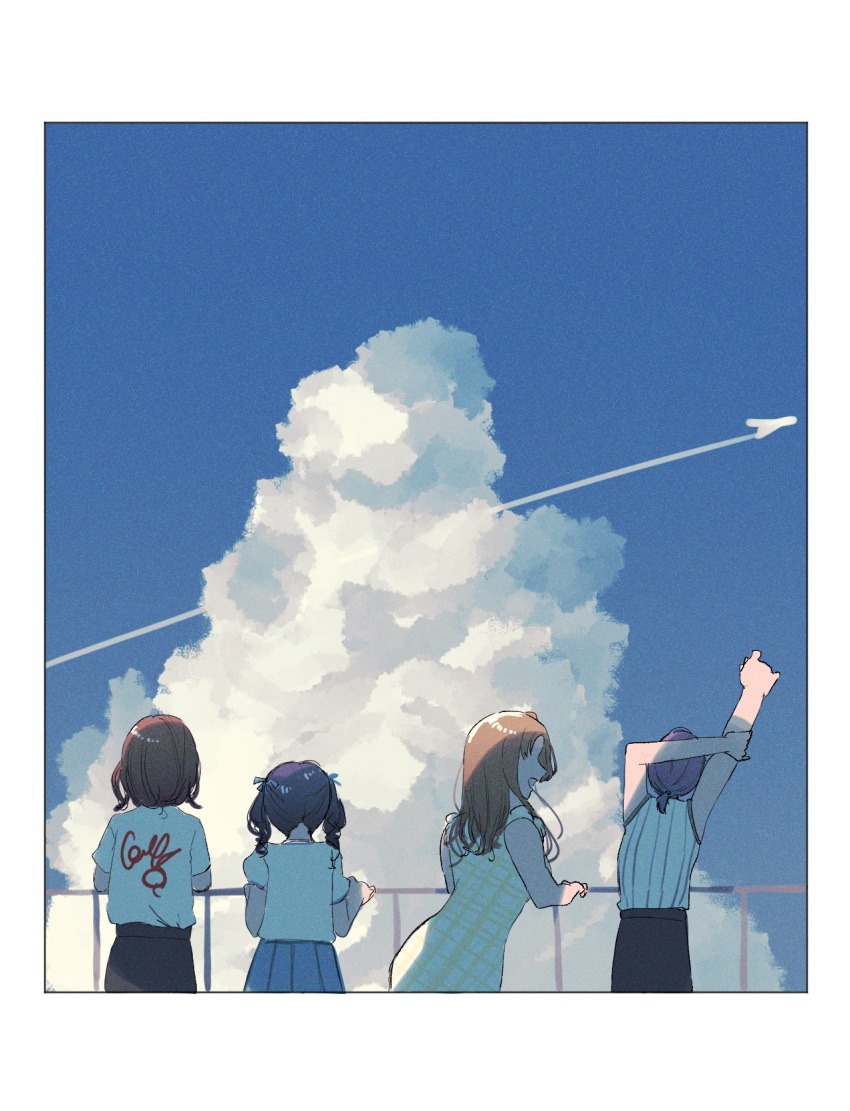 4girls, arms_up, asakura_toru, black_hair, blue_sky, brown_hair, clouds, commentary_request