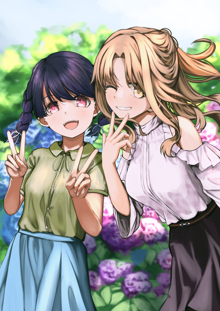 2girls, absurdres, black_hair, black_skirt, blue_skirt, braid, brown_eyes, brown_hair, clearline, commentary_request, double_v, flower, fukumaru_koito, green_shirt, grin, highres, ichikawa_hinana, idolmaster, idolmaster_shiny_colors, long_hair, looking_at_viewer, multiple_girls, off-shoulder_shirt, off_shoulder, one_eye_closed, open_mouth, ponytail, shirt, short_sleeves, skirt, smile, swept_bangs, twin_braids, twintails, v, violet_eyes, wide_sleeves