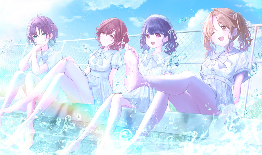 4girls, absurdres, ahoge, asakura_toru, bare_legs, barefoot, beret, blue_sky