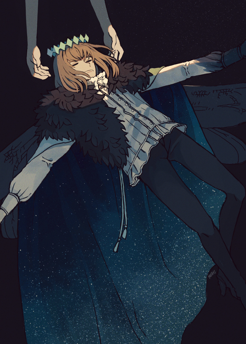 1058hoshi, 1boy, absurdres, black_background, black_pants, black_wings, blue_cloak, brown_hair