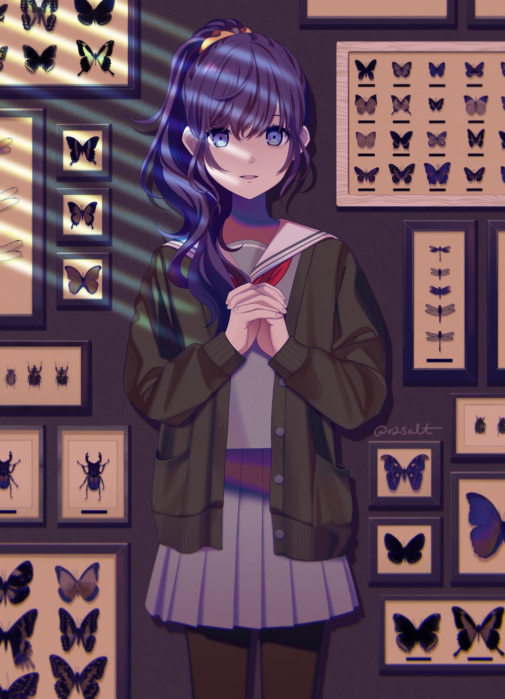 1girl, against_wall, asahina_mafuyu, beetle, blue_eyes, brown_cardigan, bug, butterfly