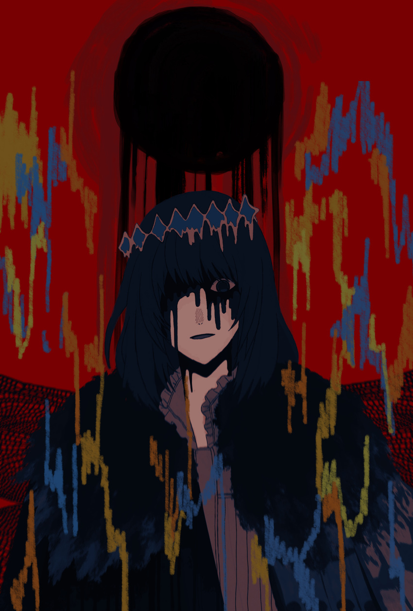 1058hoshi, 1boy, absurdres, black_hair, black_sun, cloak, dark, dress_shirt, fate/grand_order, fate_(series), fur-trimmed_cloak, fur_trim, highres, male_focus, melting, nostrils, oberon_(fate), oberon_(third_ascension)_(fate), one_eye_covered, open_mouth, red_background, shirt, short_hair, solo, sun, surreal, wings