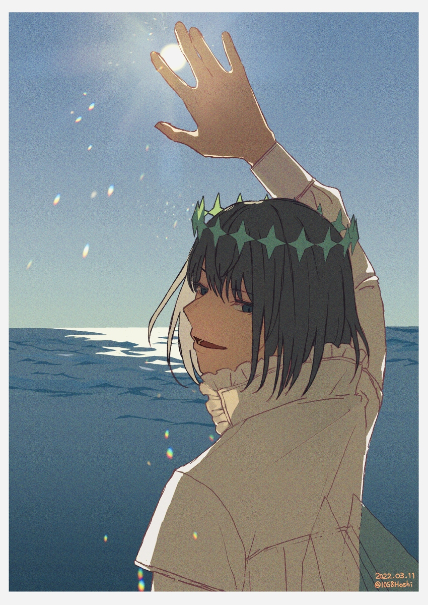 1058hoshi, 1boy, arm_up, black_hair, border, collar, dated, day
