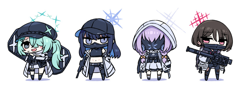 4girls, arius_squad_(blue_archive), atsuko_(blue_archive), baseball_cap, black_hair, black_headwear, black_mask, blue_archive