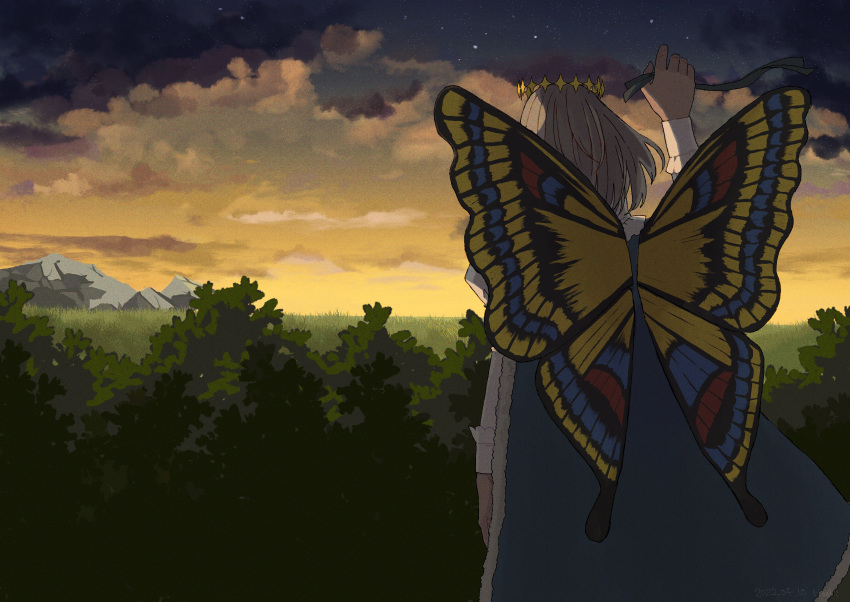 1058hoshi, 1boy, absurdres, arm_up, blue_cape, bush, butterfly_wings, cape