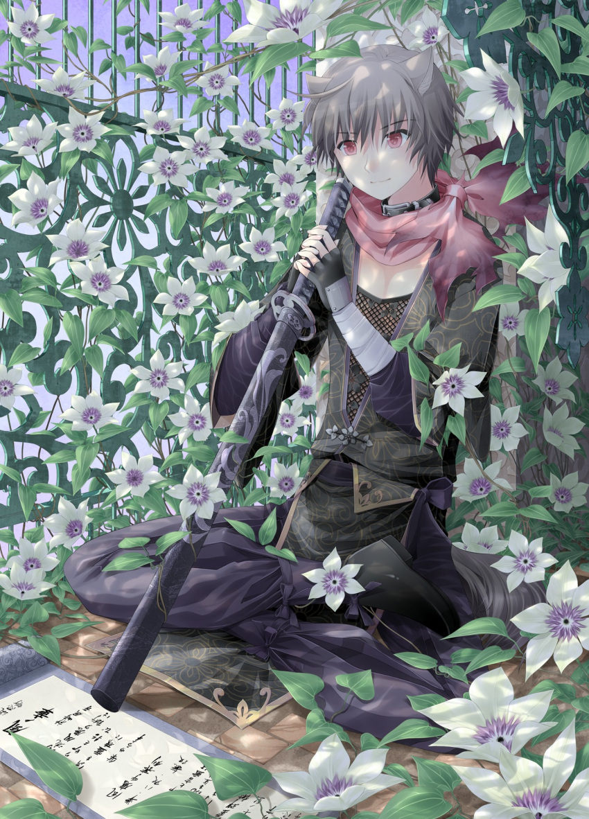 brown_hair, collar, dog_ears, dog_tail, fence, flower, grey_hair, highres, indian_style, kanzaki_hayato, katana, kuroinu, male, original, red_eyes, scroll, sitting, sword, tail, weapon