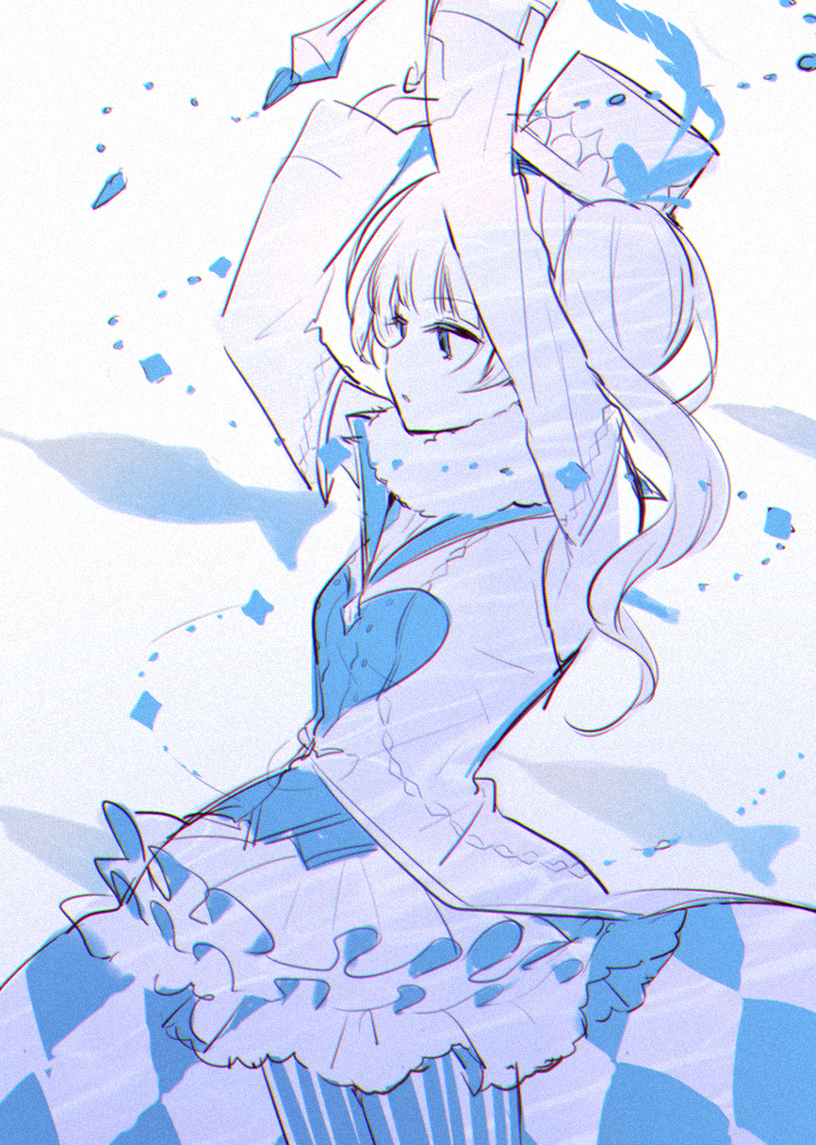 1girl, argyle, argyle_coat, arms_up, blue_eyes, blue_theme, boyano, coat