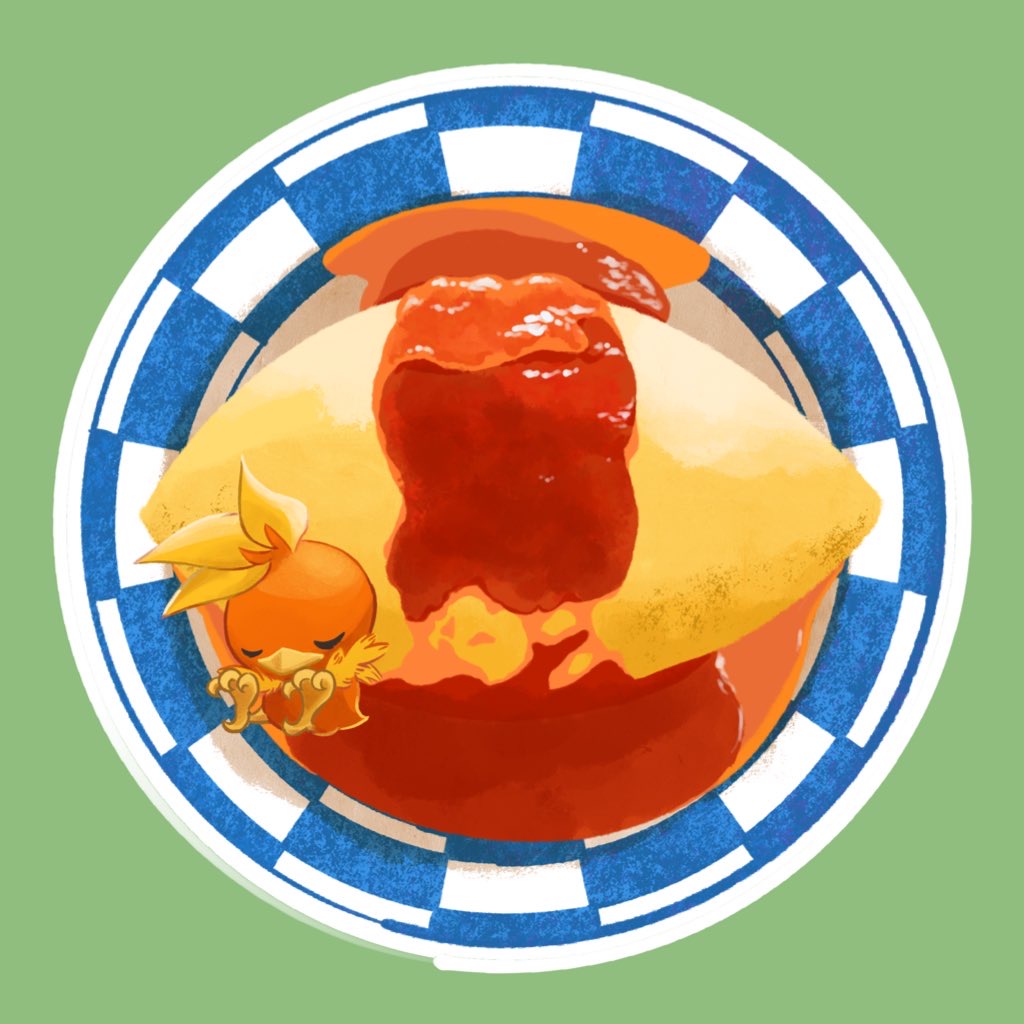 closed_eyes, food, food_focus, green_background, ketchup, lying, mi_ho_chi, no_humans