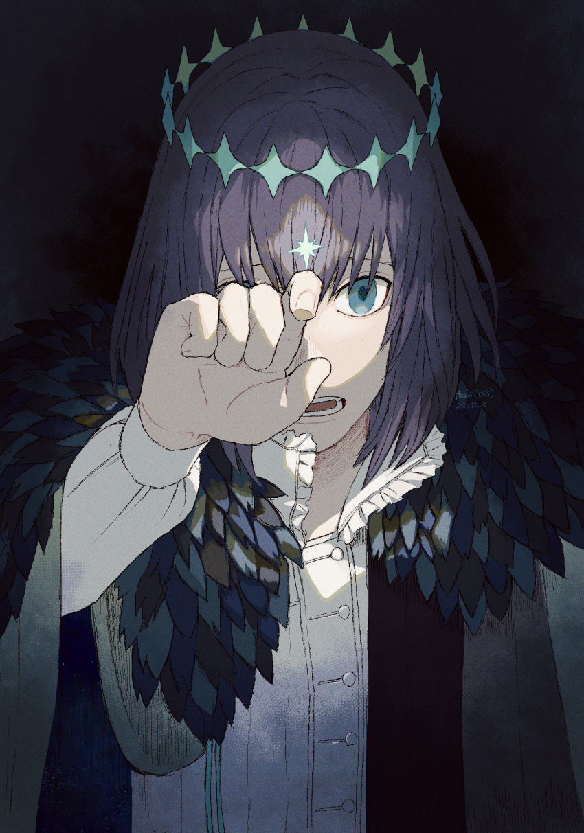 1058hoshi, 1boy, absurdres, black_background, black_hair, blue_eyes, collar, collared_shirt
