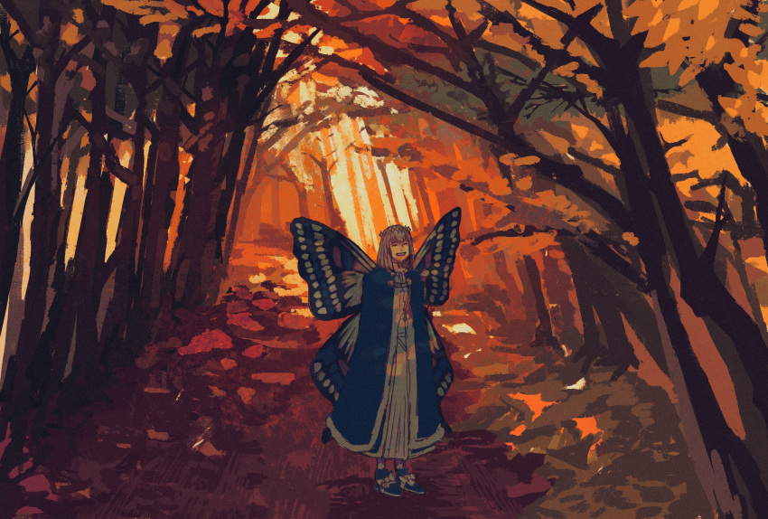 1058hoshi, 1boy, absurdres, autumn, blue_cloak, blue_footwear, bow, butterfly_wings