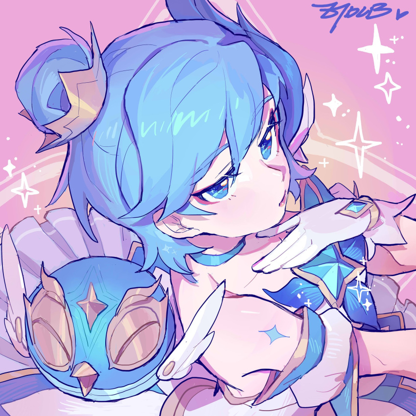 1girl, artist_name, blue_eyes, blue_hair, closed_mouth, collarbone, gloves, hair_between_eyes, hair_ornament, hand_on_own_chest, highres, league_of_legends, looking_at_viewer, official_alternate_costume, official_alternate_hairstyle, orianna_(league_of_legends), short_hair, simple_background, solo, star_guardian_(league_of_legends), star_guardian_orianna, star_guardian_pet, upper_body, white_gloves, ztdlb