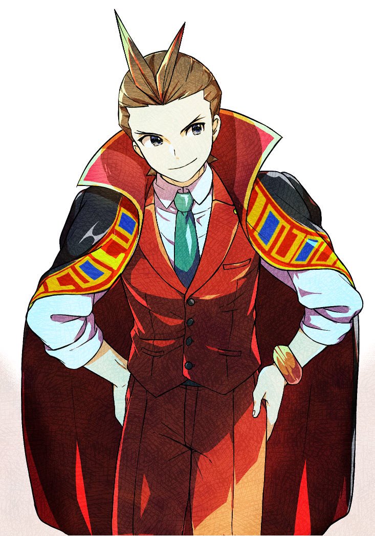 1boy, ace_attorney, antenna_hair, apollo_justice, aqua_necktie, asayosi_k, black_coat, black_eyes, bracelet, brown_hair, closed_mouth, coat, coat_on_shoulders, collared_coat, collared_shirt, cowboy_shot, forehead, forked_eyebrows, hands_on_own_hips, high_collar, jewelry, lapel_pin, lapels, male_focus, necktie, pants, red_coat, red_pants, red_suit, red_vest, shirt, short_hair, simple_background, sleeves_rolled_up, smile, smug, solo, suit, two-sided_coat, v-shaped_eyebrows, vest, white_background, white_shirt