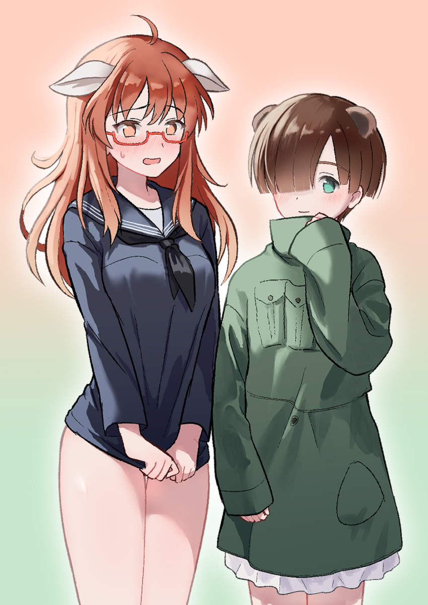 animal_ears, brown_hair, cosplay, costume_switch, embarrassed, green_eyes, highres, joanna_elizabeth_stafford