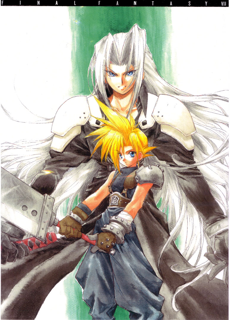 2boys, ankokuseijin, armor, black_gloves, black_jacket, blonde_hair, blue_eyes, brown_gloves, buster_sword, cloud_strife, collarbone, copyright_name, earrings, final_fantasy, final_fantasy_vii, floating_hair, gloves, grey_hair, holding, holding_sword, holding_weapon, jacket, jewelry, long_hair, long_sleeves, looking_at_viewer, male_focus, multiple_boys, parted_bangs, retro_artstyle, sephiroth, shoulder_armor, sleeveless, sleeveless_turtleneck, spiky_hair, sword, turtleneck, weapon